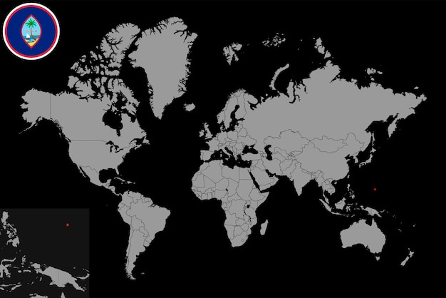 Mappa pin con bandiera Guam sulla mappa del mondo Illustrazione vettoriale