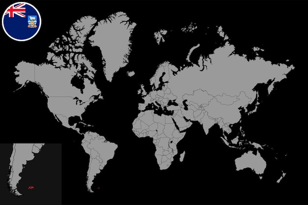 Mappa pin con bandiera Isole Falkland sulla mappa del mondo Illustrazione vettoriale