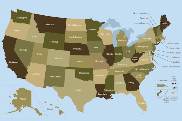 Mappa politica degli Stati Uniti d'America con tutti i 50 stati e isole illustrazione vettoriale