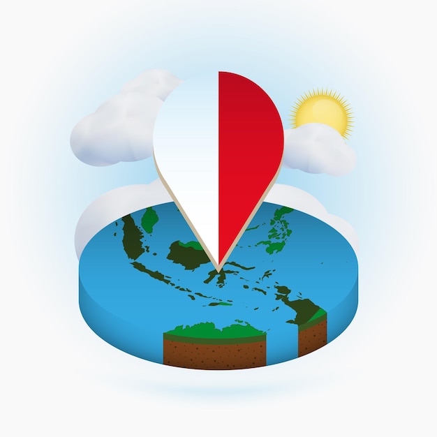 Mappa rotonda isometrica dell'Indonesia e indicatore di punto con bandiera dell'Indonesia Nuvola e sole sullo sfondo