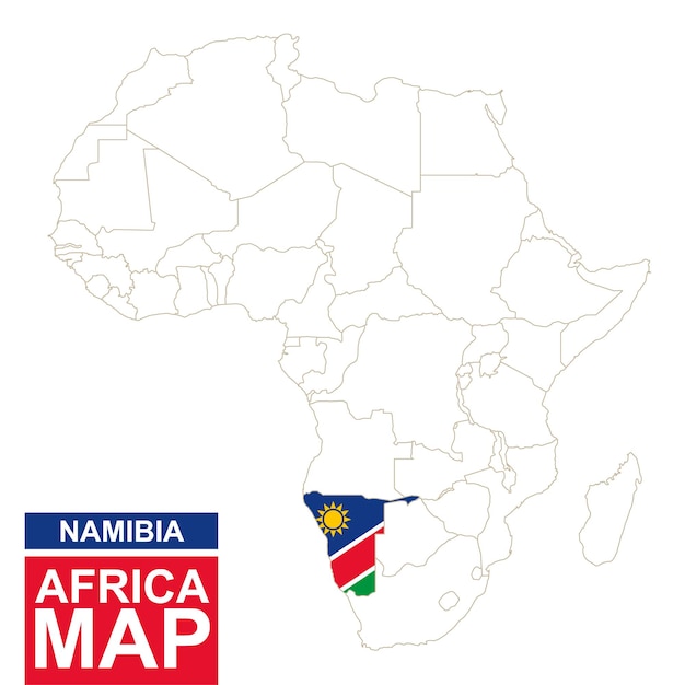 Mappa sagomata dell'Africa con la Namibia evidenziata. Mappa e bandiera della Namibia sulla mappa dell'Africa. Illustrazione vettoriale.