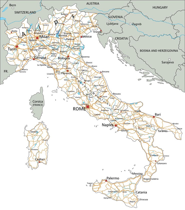 Vettore mappa stradale dell'italia molto dettagliata con etichettatura