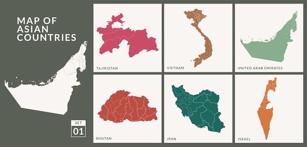 Mappe dei paesi asiatici, Tagikistan, Vietnam, Emirati Arabi Uniti, Bhutan, Iran e Israele,