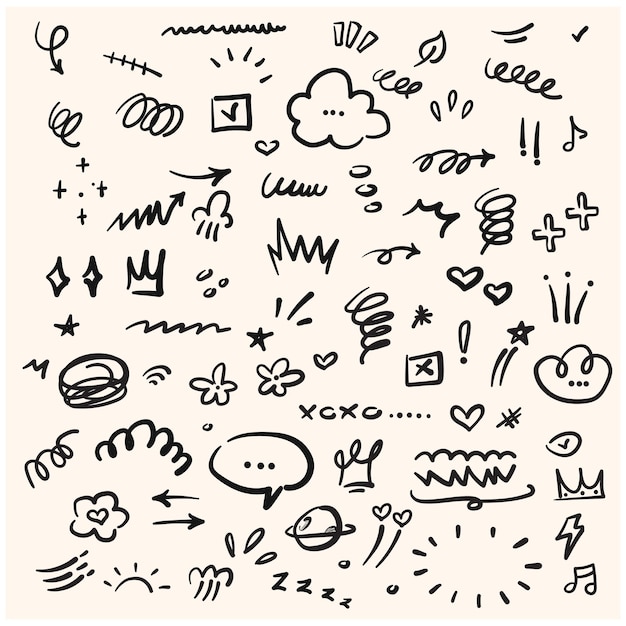 Marcatore disegnato a mano set di elementi semplici con doodle in stile illustrazione e line art