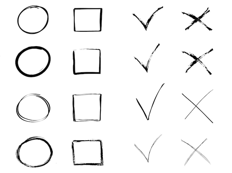 Vettore marchi di controllo doodle marchi di verifica di casella di controllo disegnati a mano e marchi di lista di controllo schizzo di segni di controllo