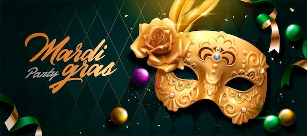 Mardi gras banner design con maschera dorata, streamer e palline su sfondo verde rombo in illustrazione 3d