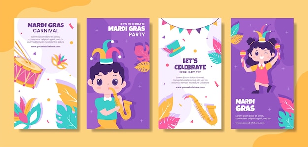 Mardi Gras Carnival Social Media Stories Flat Cartoon Hand Drawn Templates Illustration