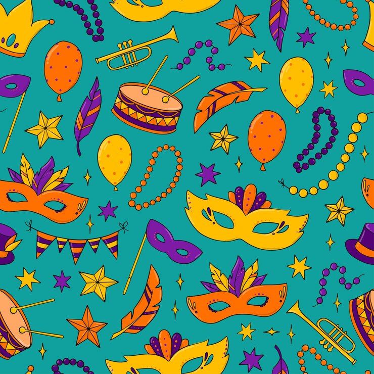 Mardi Gras e carnevale senza cuciture con scarabocchi per stampe, carta da imballaggio, carta da parati