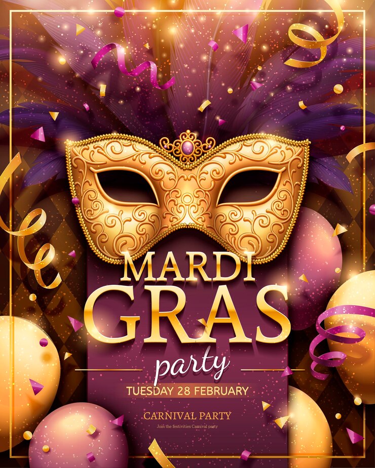 Mardi gras party poster con maschera dorata e decorazioni di coriandoli nell'illustrazione 3d