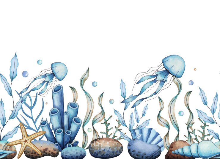 Mare confine senza cuciture con una medusa alghe pietre bolle conchiglie mondo sottomarino illustrazione ad acquerello disegnata a mano