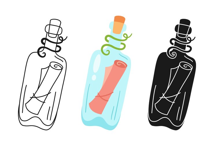 Vettore mare messaggio cartone animato timbro doodle set icona oceano marino lettera bottiglia di vetro simbolo scroll sos vector