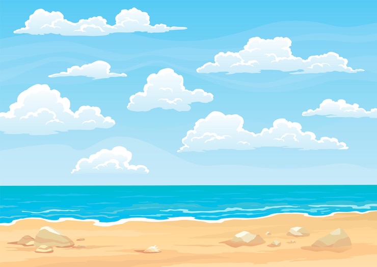 Vettore mare o paesaggio tropicale splendida spiaggia sul mare costa in una buona giornata di sole spiaggia estiva dei cartoni animati con cielo blu il paradiso si rilassa in vacanza