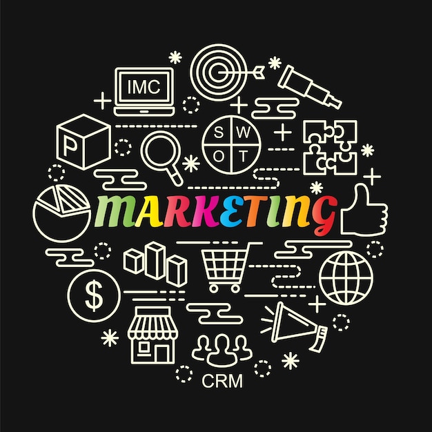 marketing colorato gradiente con set di icone di linea