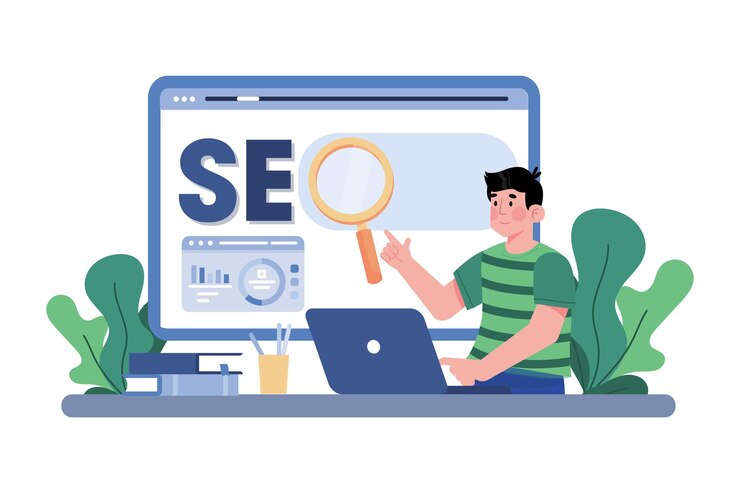 Vettore marketing digitale che crea una strategia seo per un nuovo sito web