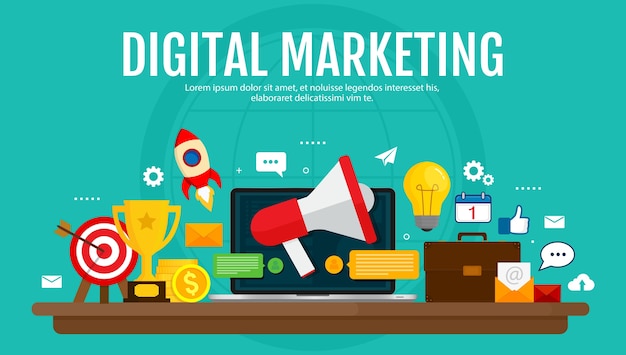 Marketing digitale e concetto di pubblicità digitale. Promozione dei media, social network, SEO. Design piatto.