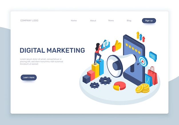 Marketing digitale isometrico Concetto di pubblicità sui social media con grafici di smartphone altoparlante