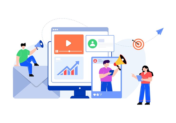 Vettore marketing digitale nel design dell'illustrazione piatta