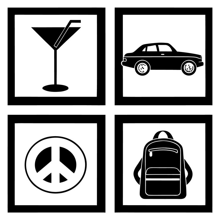 Vettore martini glass car peace symbol backpack icons cocktail straw