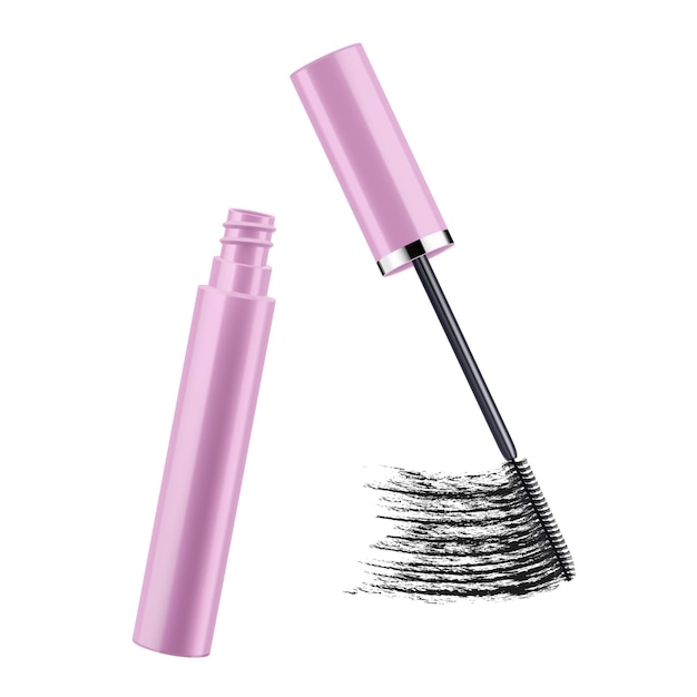 Mascara e pennellata nera oggetto cosmetico concetto di bellezza Illustrazione vettoriale 3d realistica isolata su sfondo bianco Modello di banner di moda Mascara per la pubblicità o la pagina di una rivista
