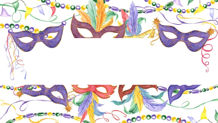 Vettore maschera di carnevale con piume colorate perline bandiera ghirlanda nastri cornice orizzontale accessori per le vacanze mardi gras illustrazione con spazio per il testo per i biglietti d'invito design flyer