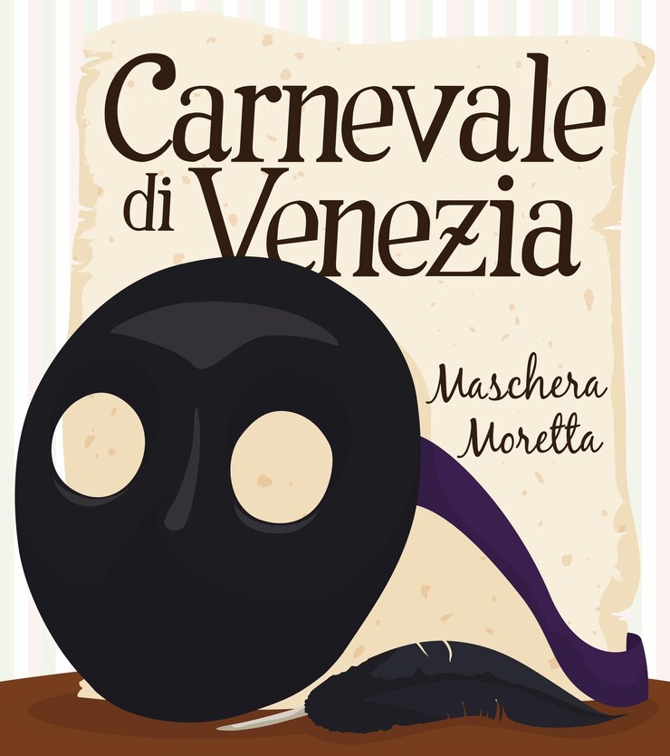 Vettore maschera moretta piuma nera e rotolo commemorativo del carnevale di venezia