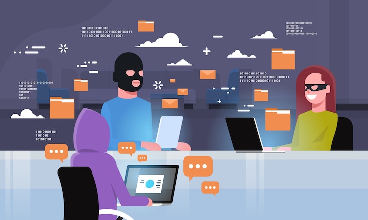 Vettore maschera nera del gruppo che si siede al computer