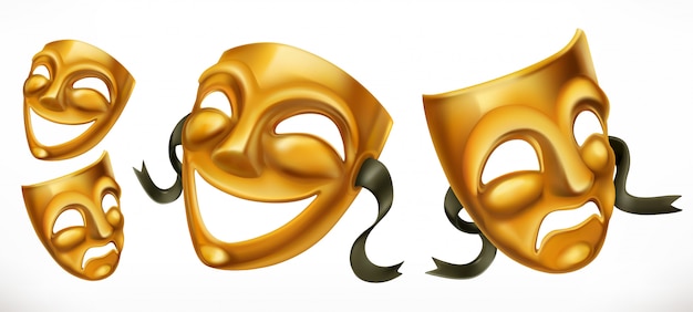 Maschere teatrali d'oro. Icona 3d commedia e tragedia