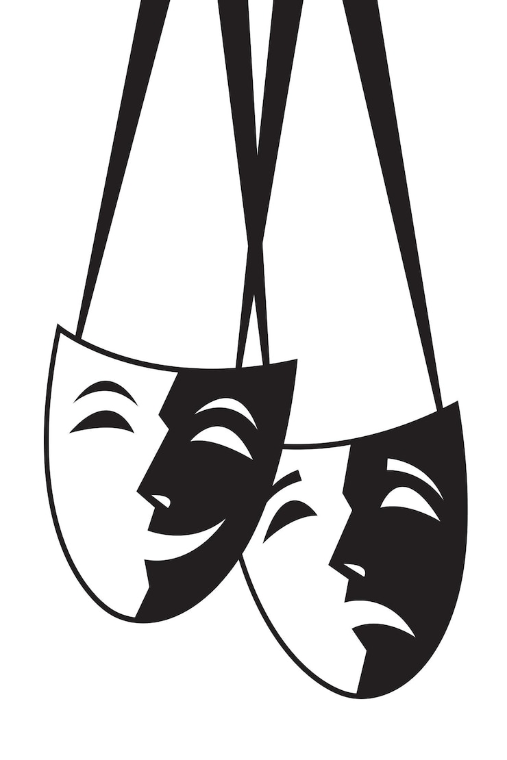 Vettore maschere teatrali di commedia e tragedia con nastro isolato su sfondo bianco