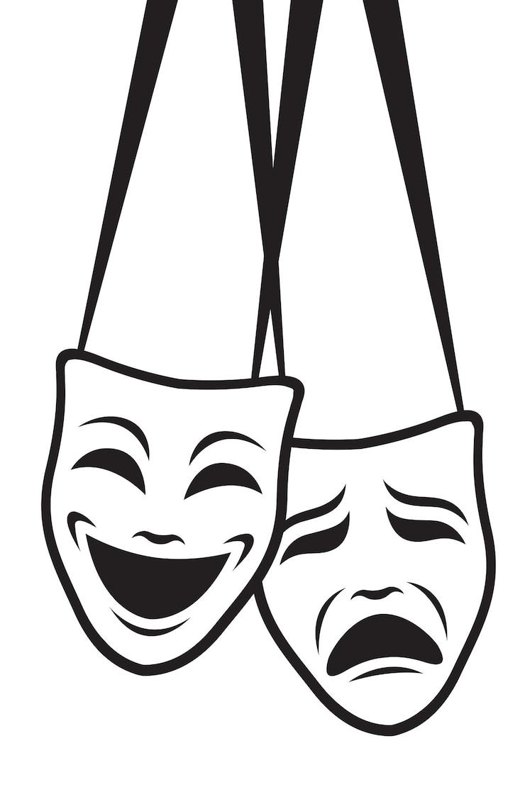 Vettore maschere teatrali di commedia e tragedia con nastro isolato su sfondo bianco