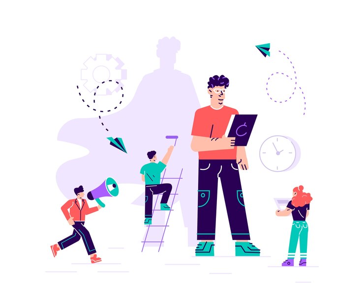 maschio di illustrazione di affari con il simbolo dell'ombra del supereroe della leadership motivazione ambizione