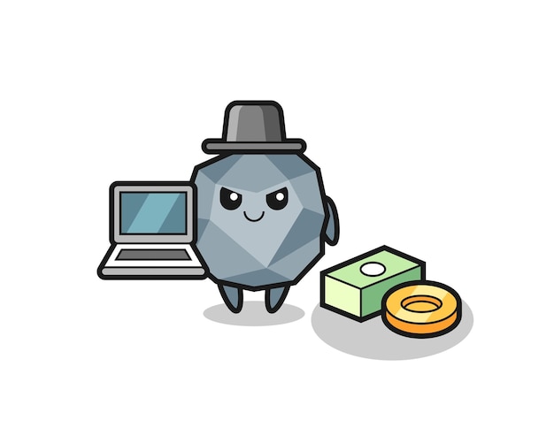 Mascot Illustrazione di pietra come hacker, design in stile carino per t-shirt, adesivo, elemento logo
