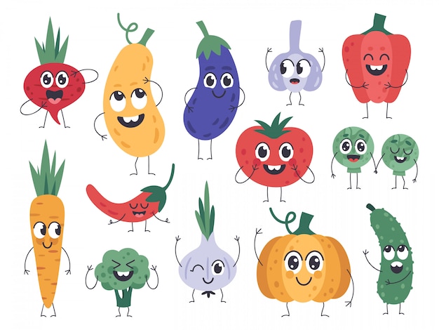 Mascotte Di Verdure. Carota felice, simpatici personaggi di cetriolo e zucca, mascotte di cibo vegetariano divertente, set di icone di emozioni di verdure comiche. Illustrazione del cetriolo e della zucca, dei broccoli e del pomodoro