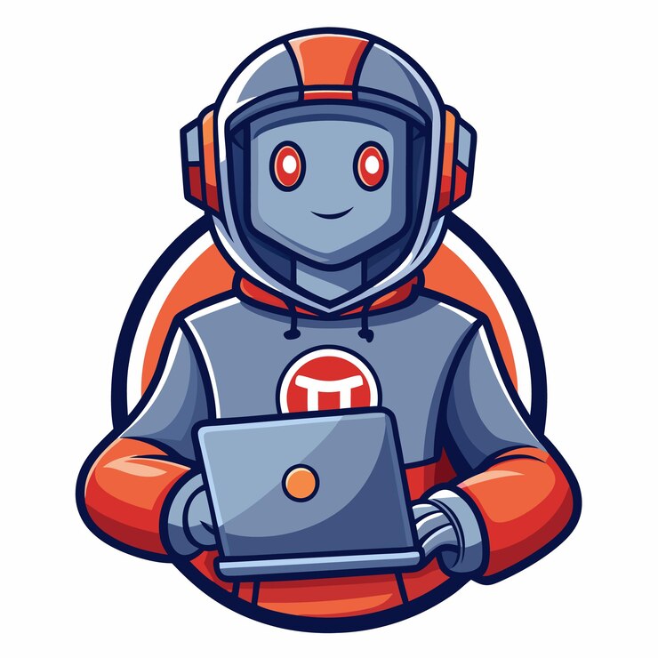 Vettore mascotte robot che gioca al portatile