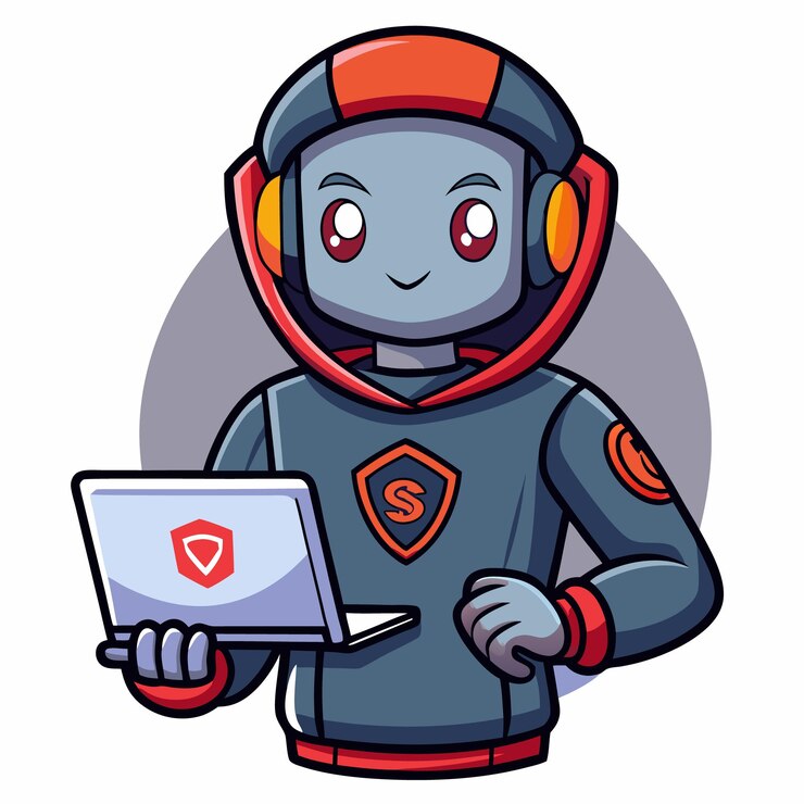 Vettore mascotte robot che gioca al portatile