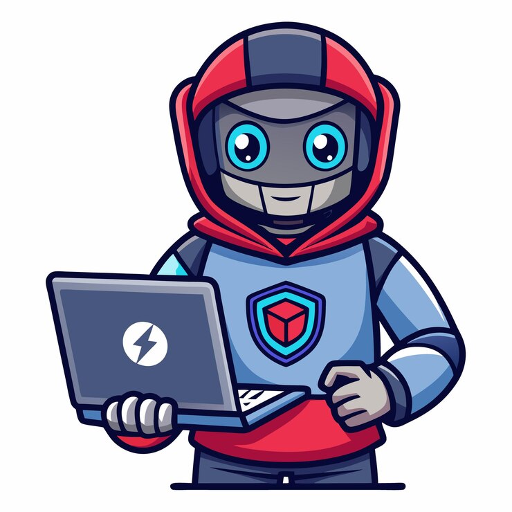 Vettore mascotte robot che gioca al portatile