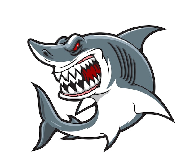 Mascotte squalo cartone animato di pesce arrabbiato con sorriso