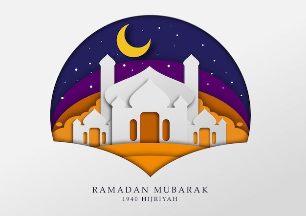 Masjid Mosque Illustration Papercut per Ramadan Greeting Card e Wallpaper
