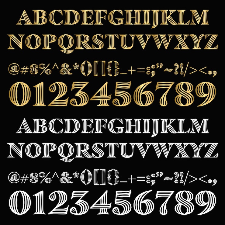 Vettore masqualero groove font regolare alfabeto lettere maiuscole dorate lettera maiuscole numeri dorati a