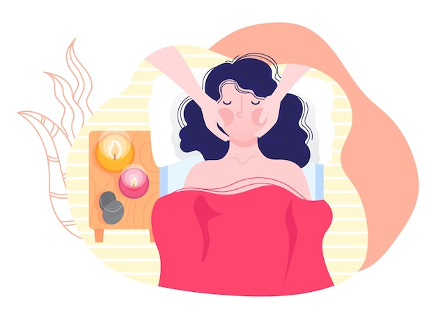 Massaggi persone assistenza sanitaria pelle viso giovane ragazza salone benessere trattamento stile vettoriale