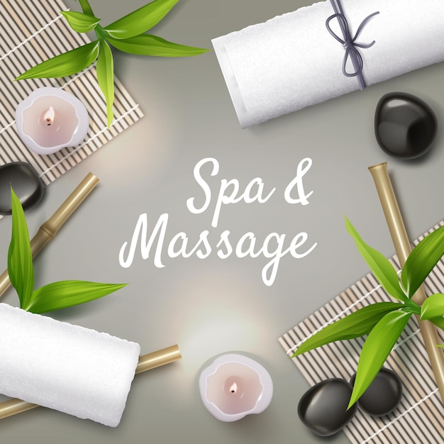 Massaggio e sfondo spa. Massaggi pietre, candele, asciugamani.