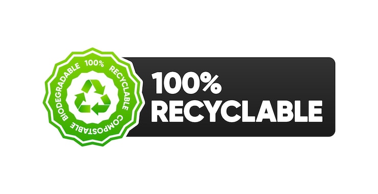 Materiali riciclati al 100% Riciclabile Compostabile Materiali biodegradabili Riciclare Riutilizzare Ridurre banner Etichetta pacchetto per pacchetto ecologico Illustrazione vettoriale
