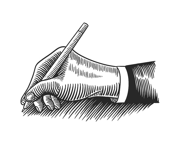 Matita della tenuta della mano disegnata a mano nell'illustrazione di vettore di stile dell'incisione.