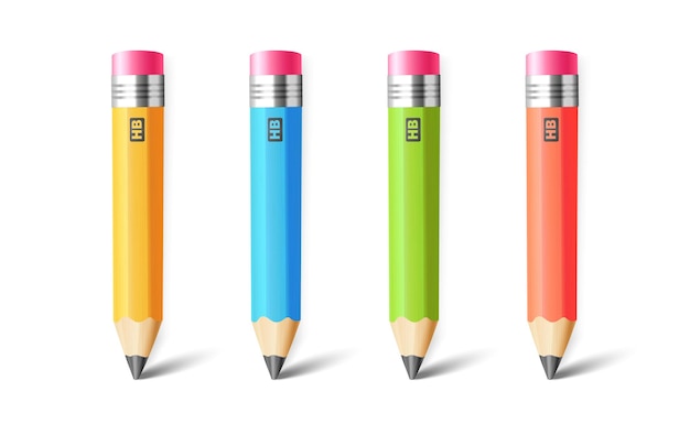 Matite di grafite HB di colori diversi con gomma di gomma Illustrazione vettoriale realistica