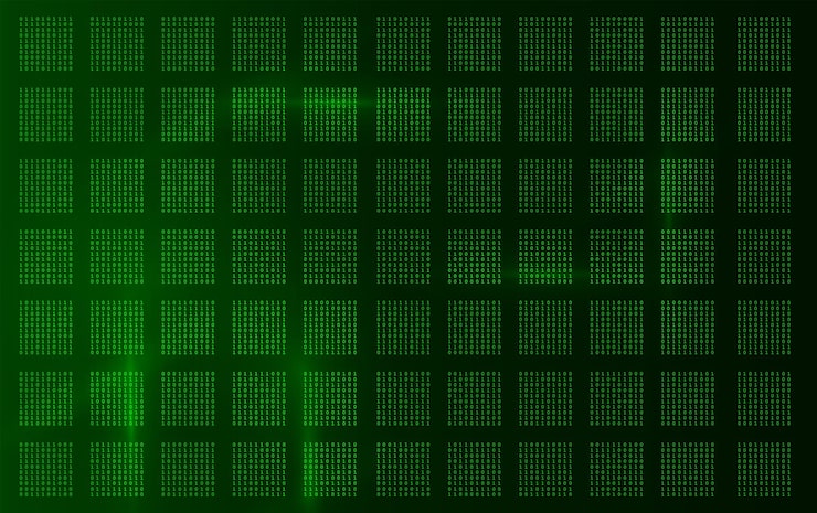Vettore matrix digital code background with a glowing green grid of binary numbers abstract futuristic technology concept symbolizing artificial intelligence cyber data and information network systems