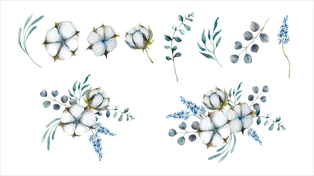 Mazzi di acquerelli con fiori di cotone e rami di piante per l'invito salva le carte data