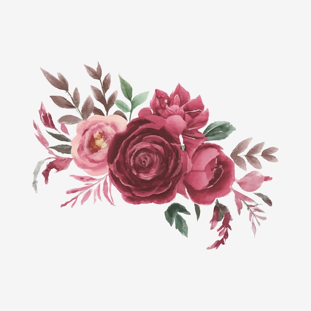 Mazzi di rose e foglie con cornice floreale ad acquerello