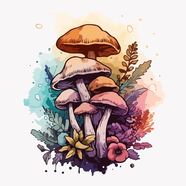 Mazzo di funghi illustrazione pittura ad acquerello del bouquet di funghi