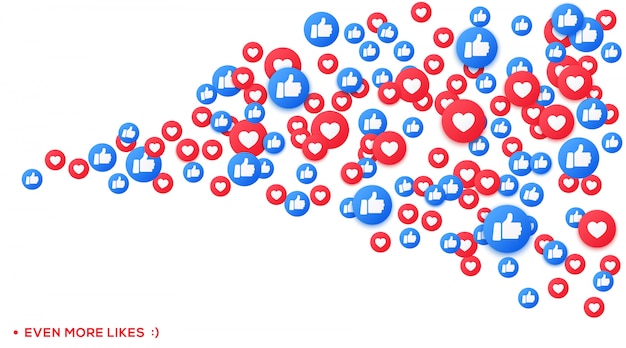 Mazzo di icone emoji simili e apprezzate, pollice su social network streaming. Icone galleggianti cuore e colpo.