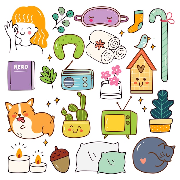 Me Time Related Object Kawaii Doodle Set