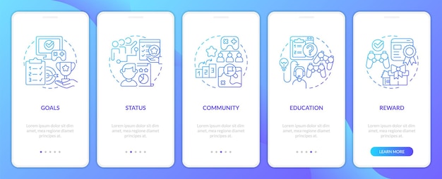 Meccaniche di gioco nella schermata dell'app mobile onboarding con gradiente blu di ludicizzazione